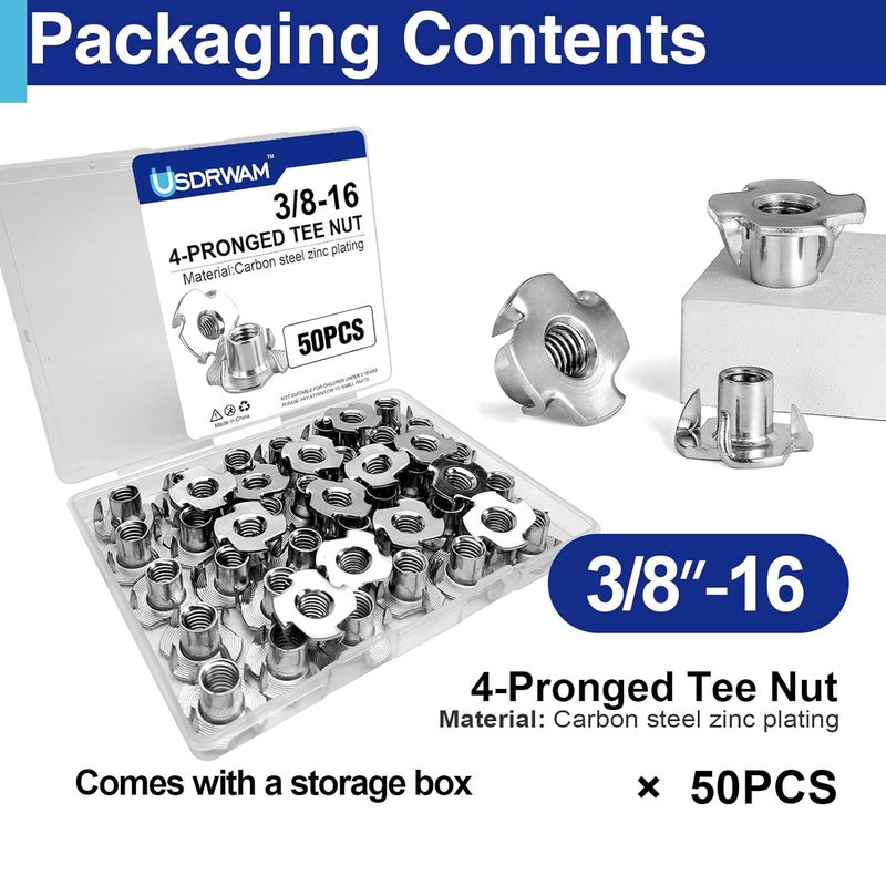 Usdrwam 50 Pack 3/8"-16 T Nuts for Wood, Zinc-Plated Carbon Steel 4-Prong Tee Nuts for Furniture, Cabinets, and Rock Climbing Holds - Image 3